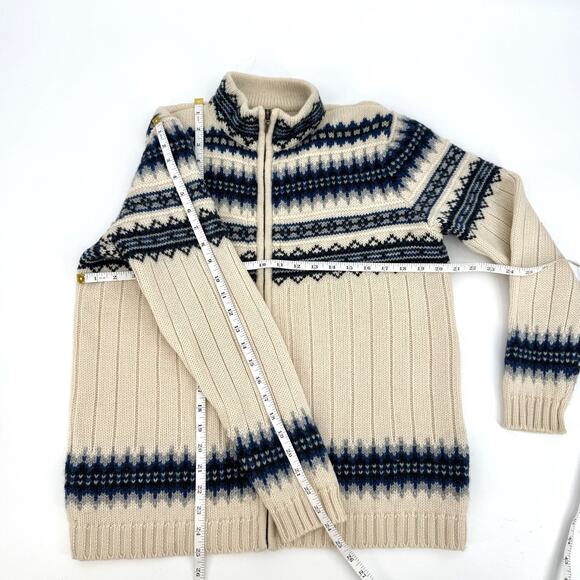 Vintage Lands End Wool Sweater Women's Medium Blue Fair Isle Nordic Zip Cardigan - Picture 7 of 8